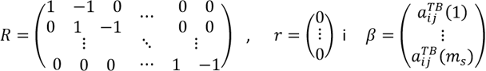 En aquesta expressió es defineixen tres elements emprats en la construcció de l'estadístic F emprat per contrastar la hipòtesi nul·la de tecnologia de branca. En primer lloc es defineix la matriu R, que és una matriu de zeros, excepte la diagonal principal, que conté uns, i la diagonal que està just a la dreta de la principal, que conté menys uns. En segon lloc es defineix el vector columna r, que és un vector de zeros. Finalment, es defineix l'expressió dels coeficients beta, que és un altre vector columna que conté per a cadascuna de les produccions secundàries el consum que fa la branca analitzada de cadascun dels inputs.