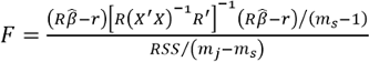 L'expressió de l'estadístic F emprat per contrastar la hipòtesi nul·la de tecnologia de branca per cada sector d'activitat és, alhora, un doble quocient. Així, en el numerador s'introdueix el producte de tres components dividit pel nombre de produccions secundàries de cada branca menys 1. El producte conté la multiplicació d'una matriu R de zeros amb una diagonal composta d'uns i menys uns pel vector columna dels coeficients de consums intermedis estimats, menys un vector columna r de zeros per la matriu inversa de la matriu R per la inversa del producte de la matriu transposada de les variables explicatives X per la mateixa matriu X i per la transposada de la matriu R i, tot això, multiplicat de nou pel producte de la matriu R pels coeficients estimats menys el vector columna de zeros r. En el denominador s'introdueix el quocient entre la suma dels residus quadrats de l'estimació del model dividida pel nombre d'empreses de la branca que s'està analitzant, menys el nombre de produccions secundàries d'aquesta.