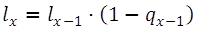 Els supervivents a l'edat x són els supervivents a l'edat x menys u, ponderats per u menys la probabilitat de morir a l'edat x menys u.